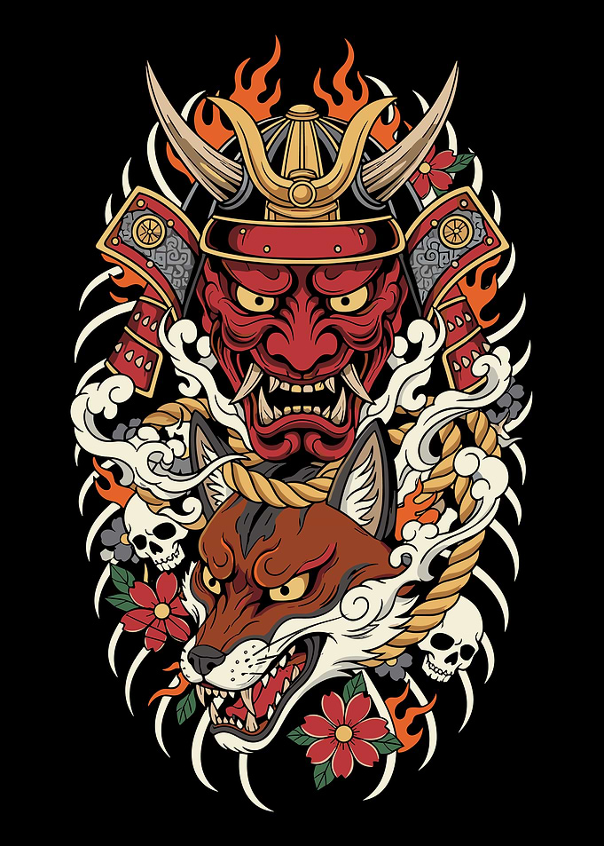 Samurai Oni Mask and Fox Spirit