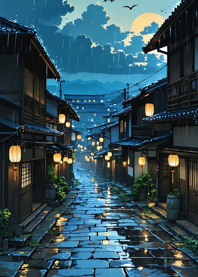 Traditional Japanese Street in Light Rain
