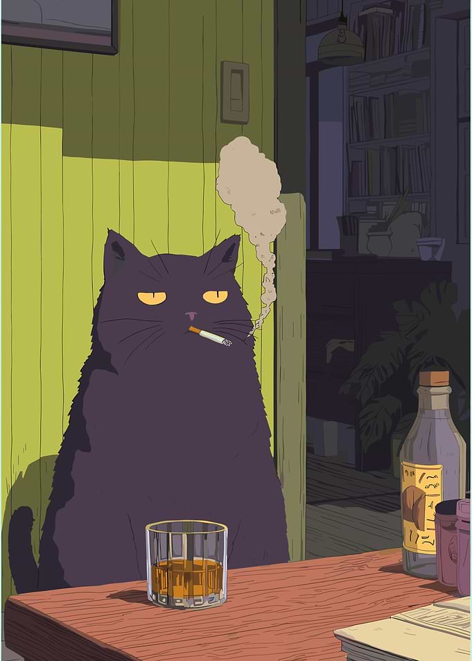Cat smoking and drinking whiskey