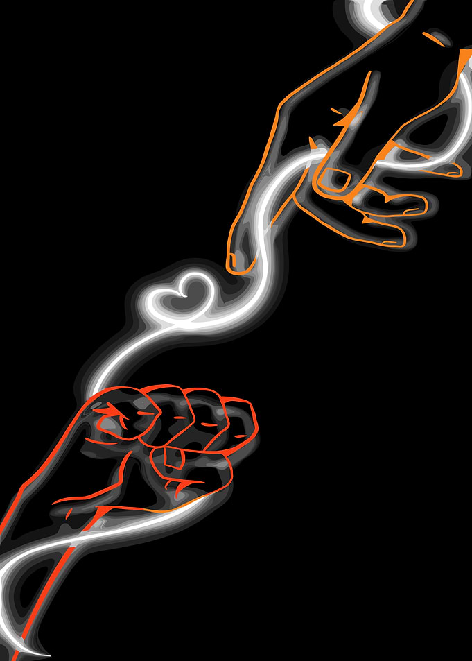 Hands reaching with glowing heart