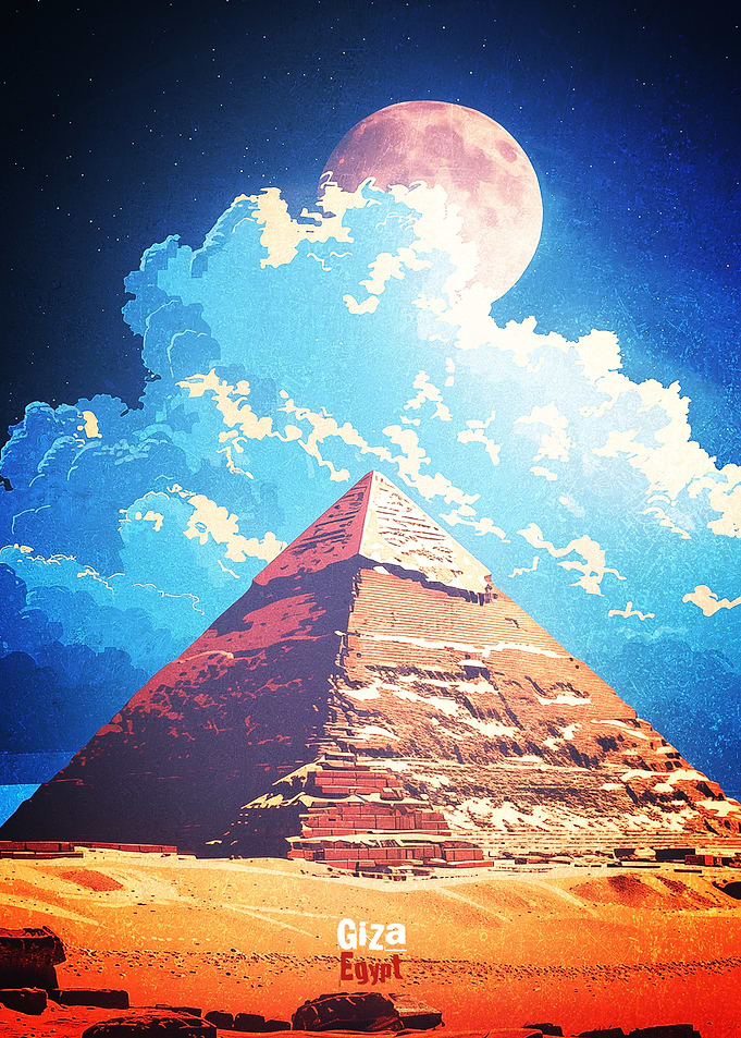 Pyramid of Giza under a large moon Poster