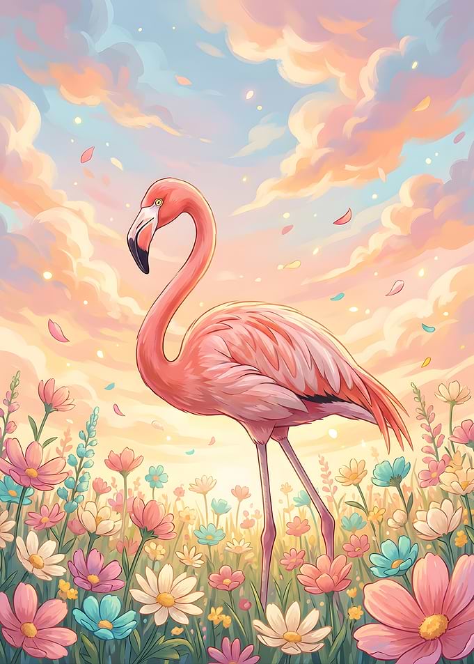 Pink Flamingo in a Field of Flowers