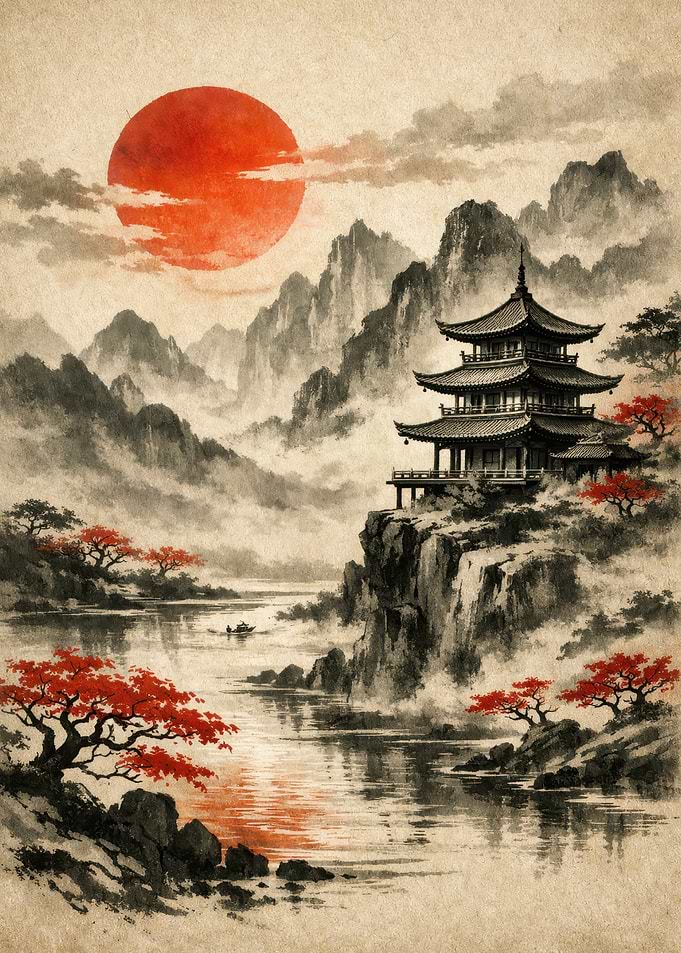 Japanese Pagoda Overlooking Misty Mountains and Lake