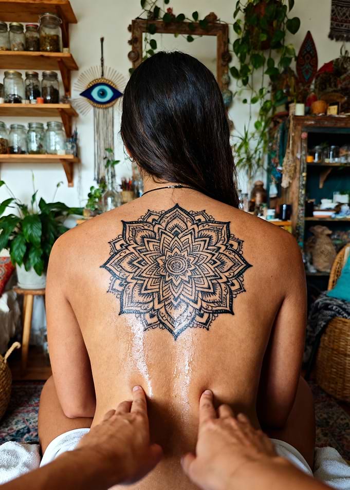 Woman with Mandala Tattoo Receiving Massage