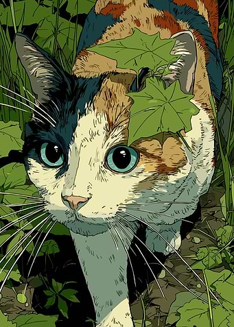 Calico Cat Peeking Through Greenery
