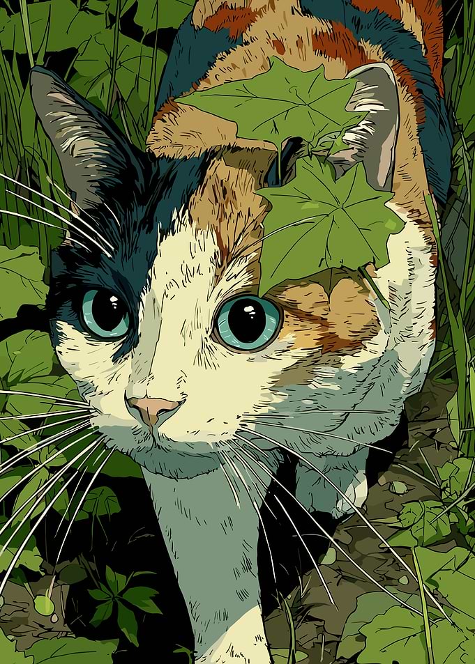 Calico Cat Peeking Through Greenery