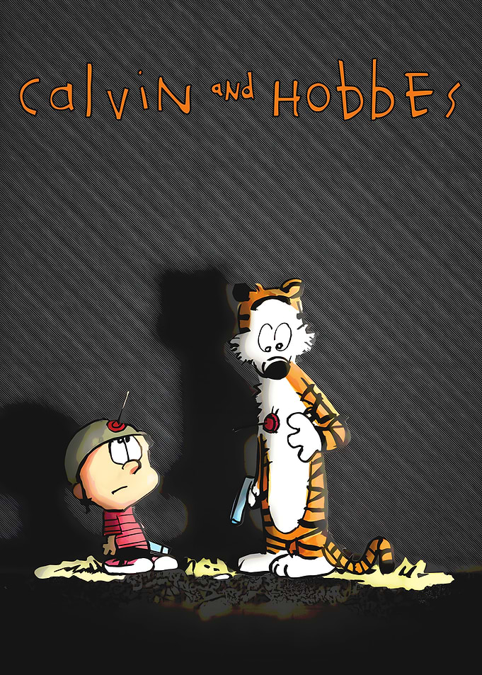 Calvin and Hobbes with toy gun