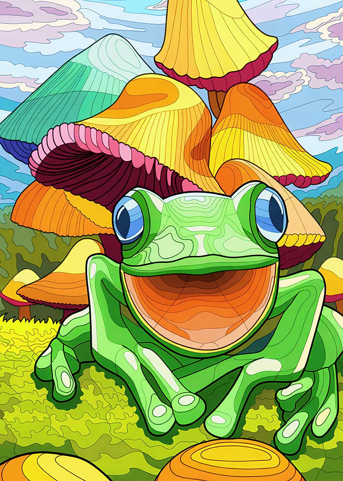 Happy Frog Among Colorful Mushrooms