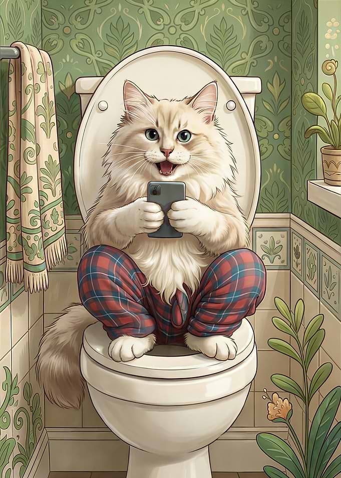 Funny Cat on Toilet with Phone