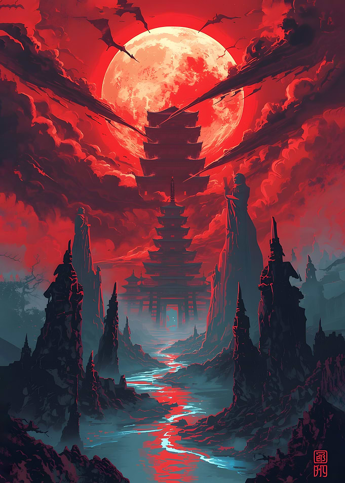Mystical Temple Under a Blood Moon
