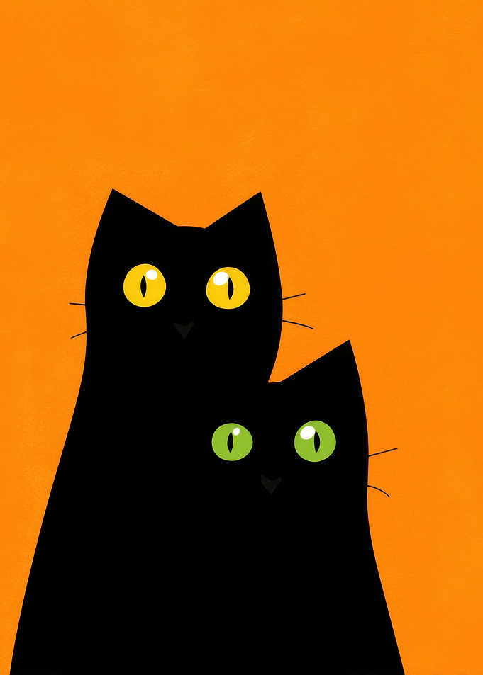 Two Black Cats on Orange Background