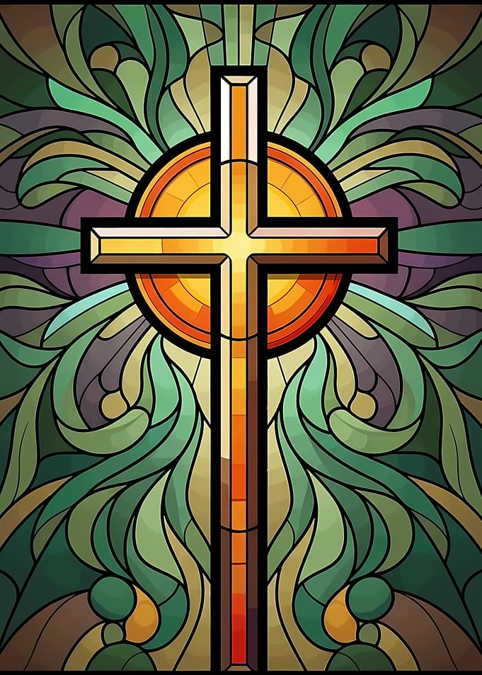 Stained Glass Cross with Floral Background