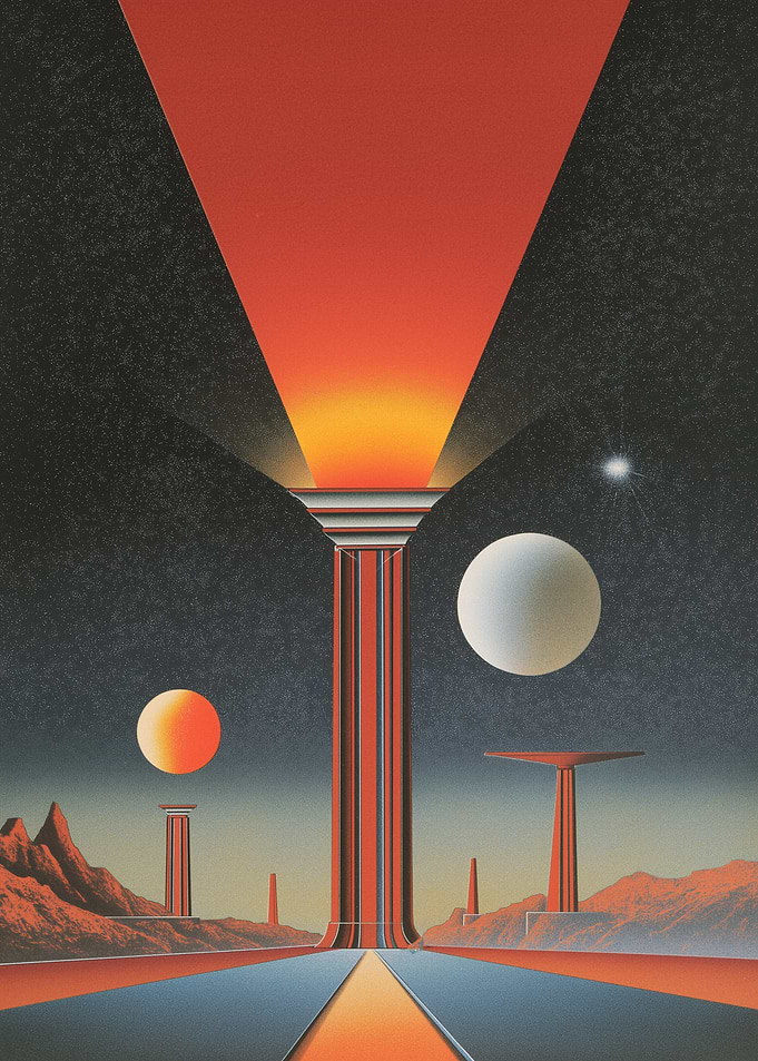 Retro Sci-Fi Landscape with Orbs and Pillars