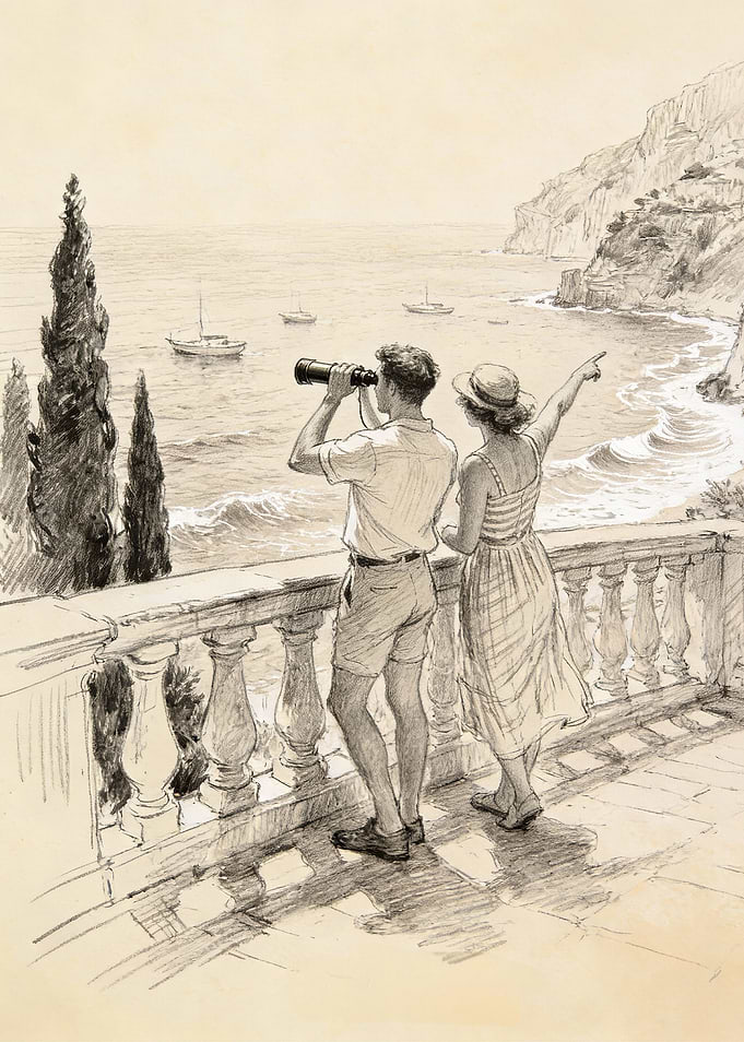 Couple on Balcony Overlooking Coastal Scene