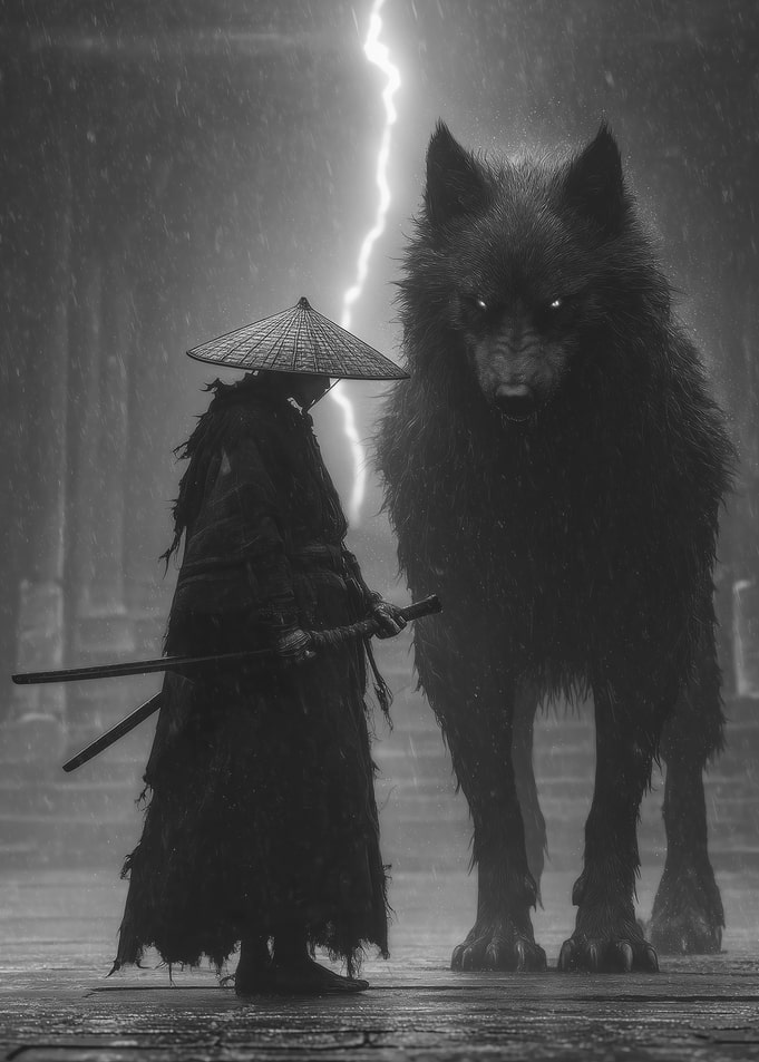 Samurai and Wolf in Lightning Storm