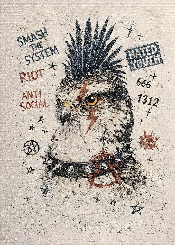Punk Hawk with Anarchy Symbols
