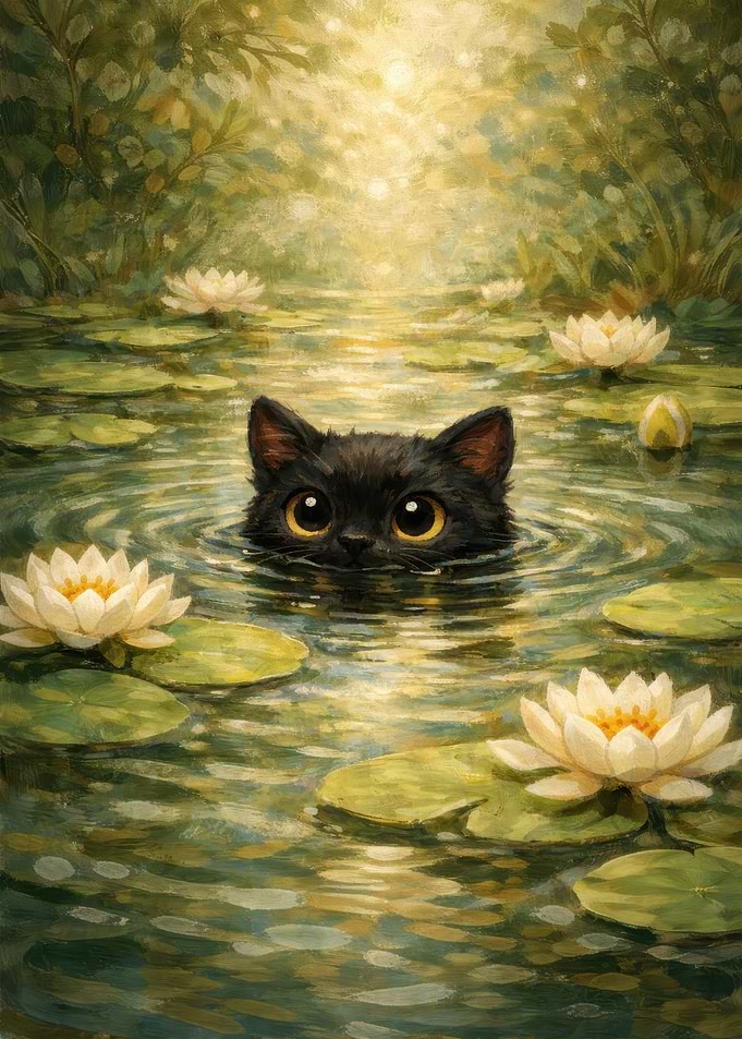 Cute Black Cat in Water Lilies