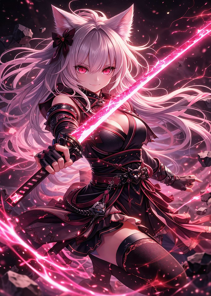 Anime Cat Girl Warrior with Glowing Sword