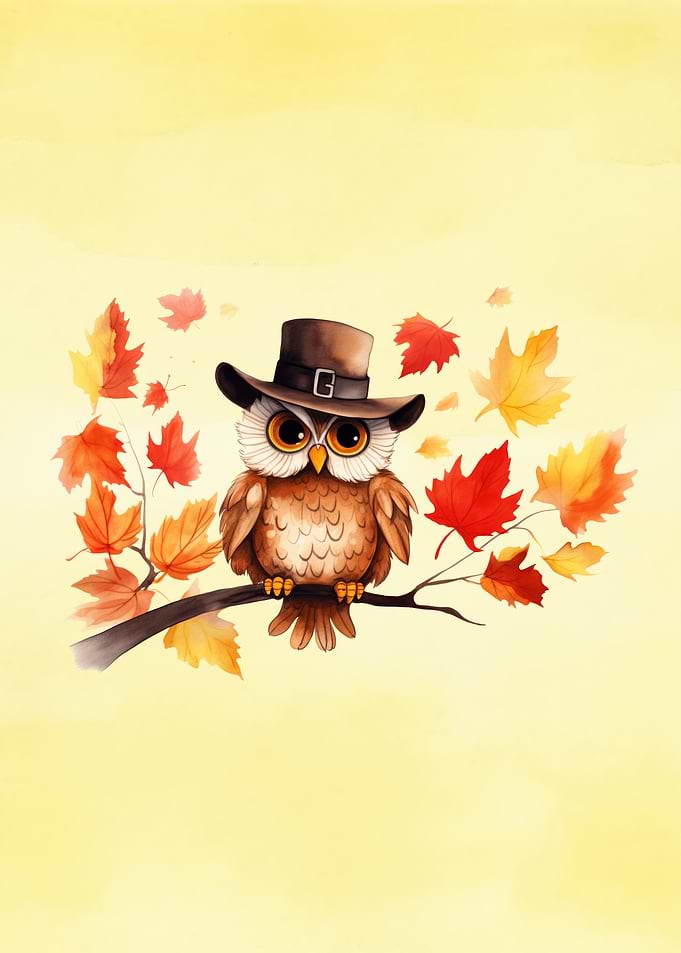 Cute Owl in Pilgrim Hat with Autumn Leaves