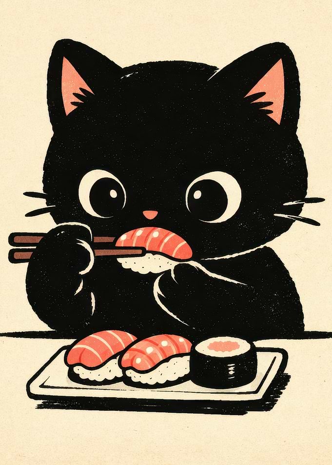 Cute Black Cat Eating Sushi