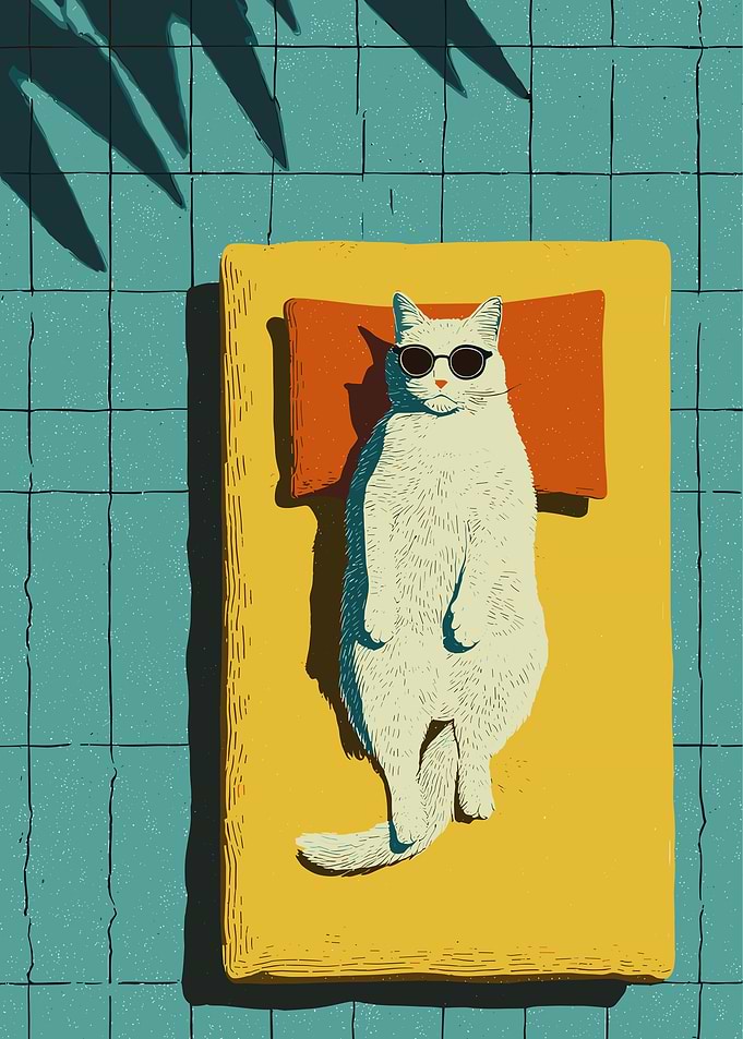 Cat Sunbathing on a Poolside Lounger