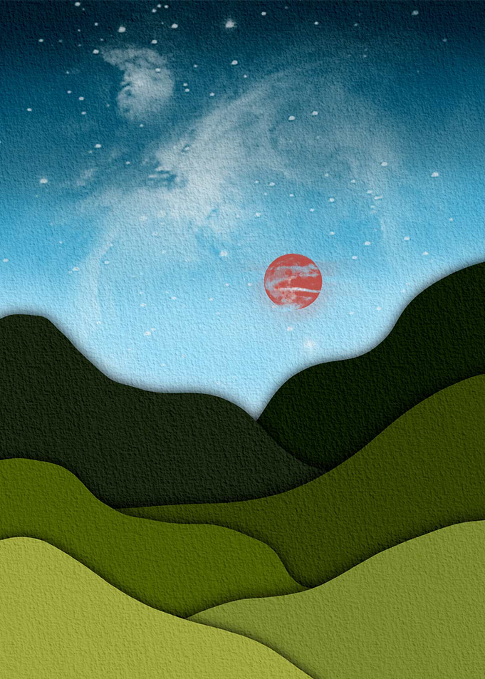 Red Blood Full Moon Papercut Landscape