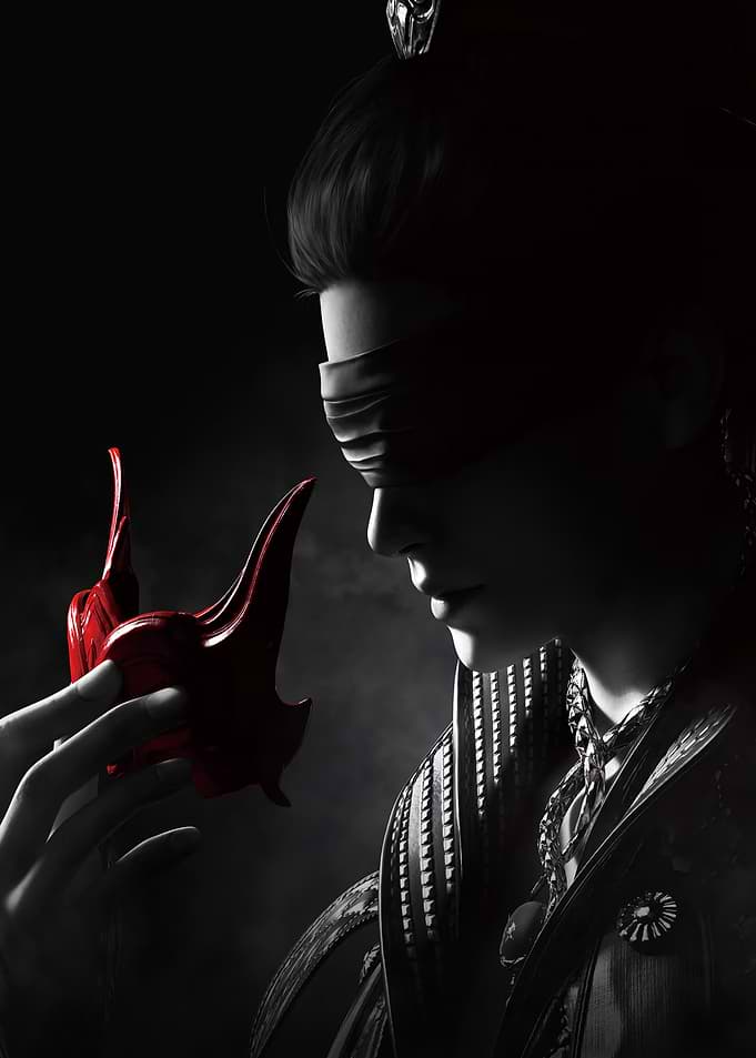 Blindfolded figure holding a red mask