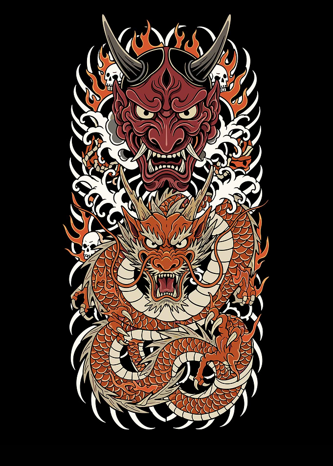 Japanese Oni Mask and Dragon Tattoo Art