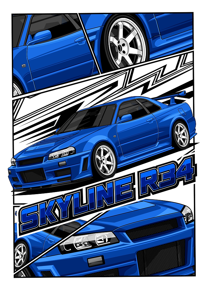 Blue Nissan Skyline R34 Car Art