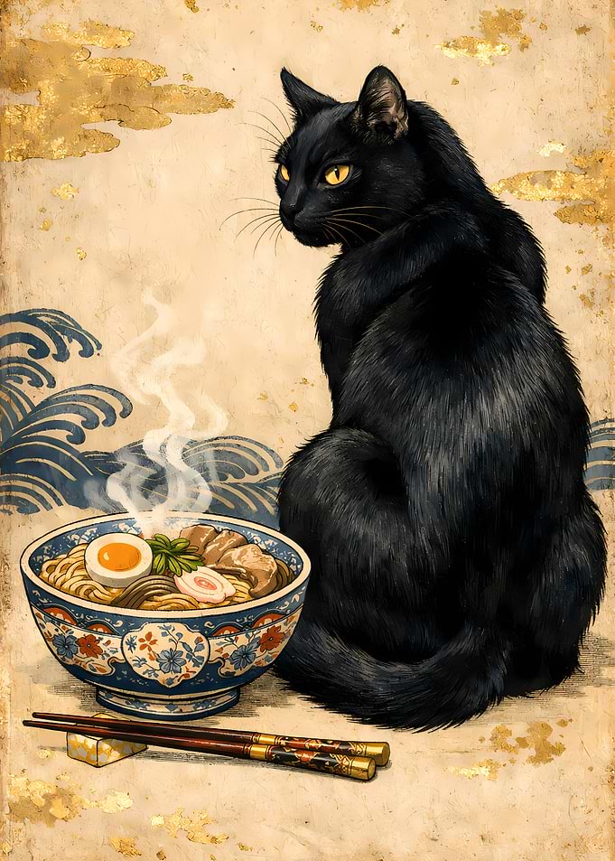 Black Cat Back View with Ramen Bowl Art