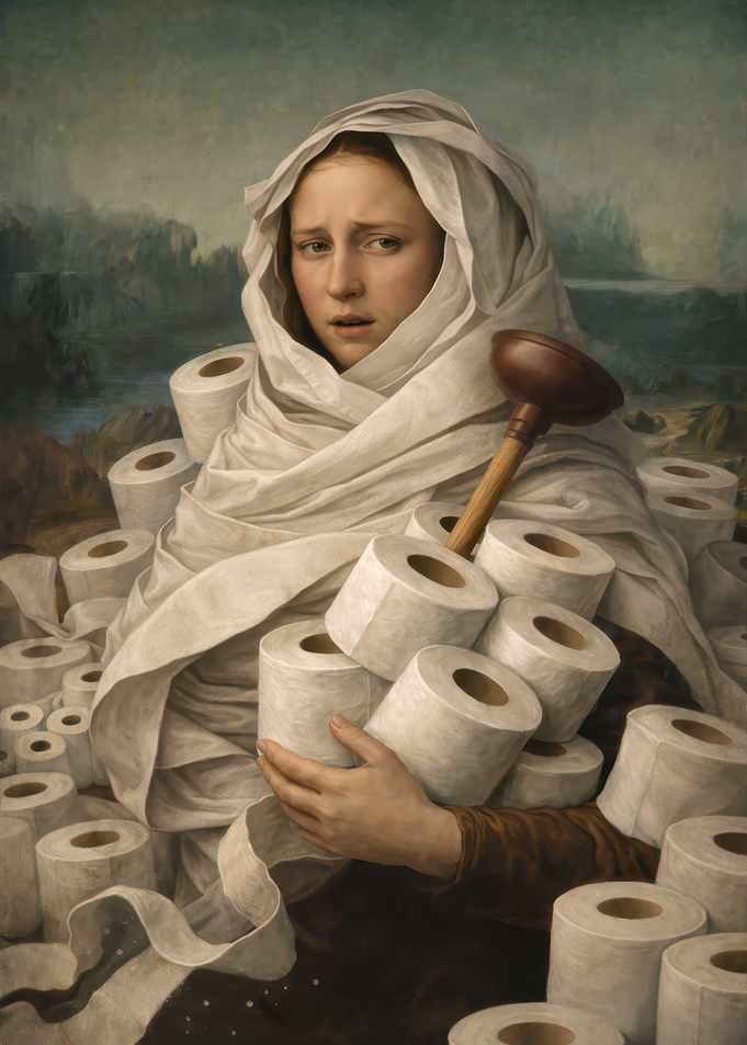 Mona Lisa Woman with Toilet Paper and Plunger
