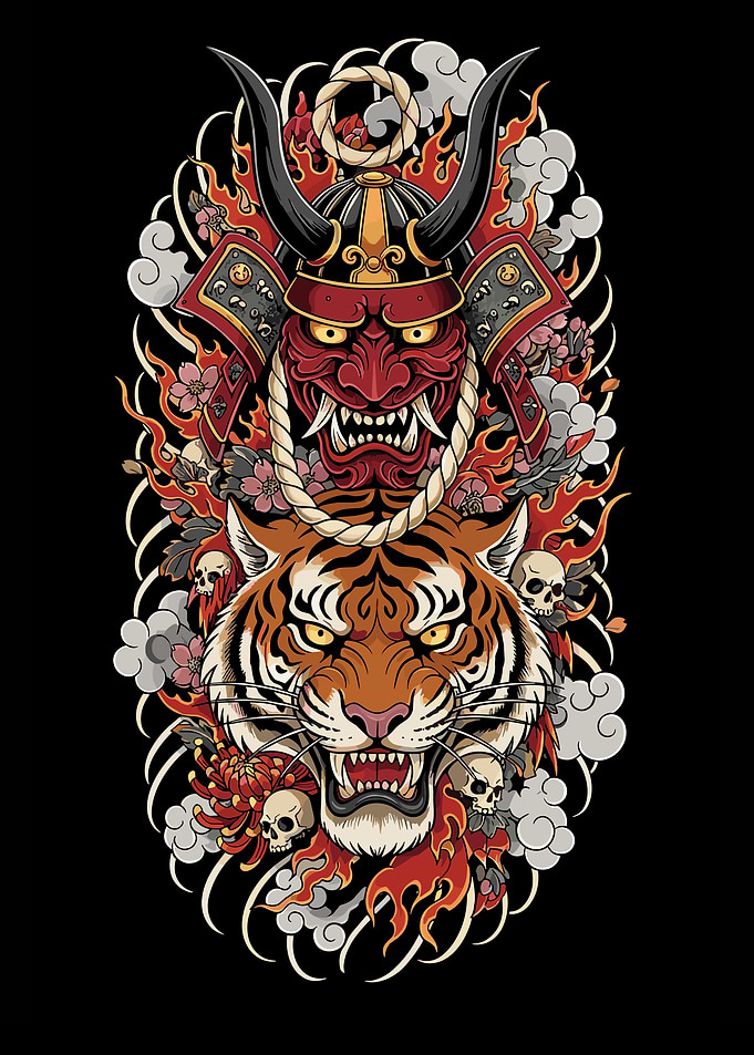 Samurai Mask and Tiger Tattoo Design