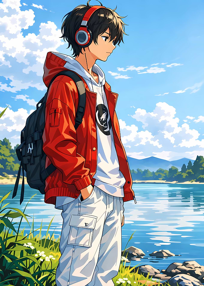 Anime boy with headphones by the lake