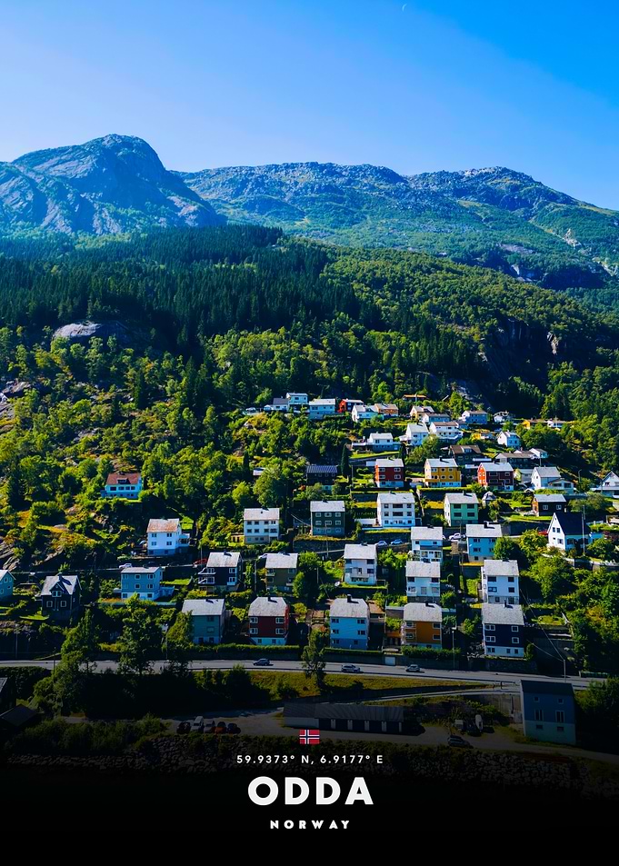 Colorful village on a mountainside in Norway