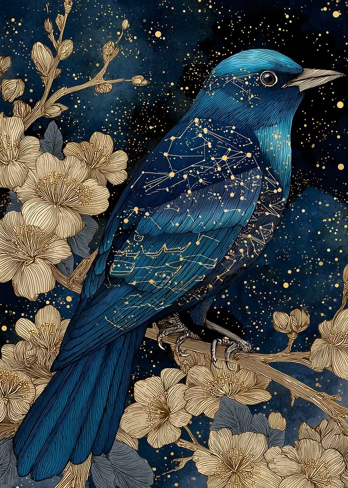 Celestial Bird on Floral Branch