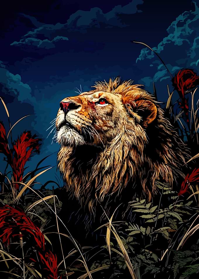 Lion Looking Up at Night Sky