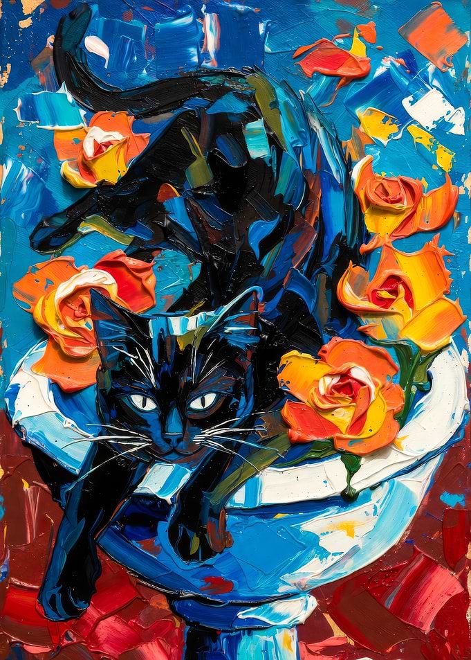 Black Cat Among Orange Roses