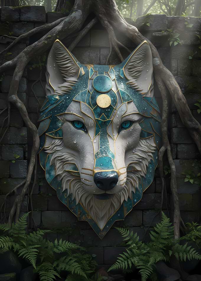 Mystical Wolf Mask on Ancient Wall