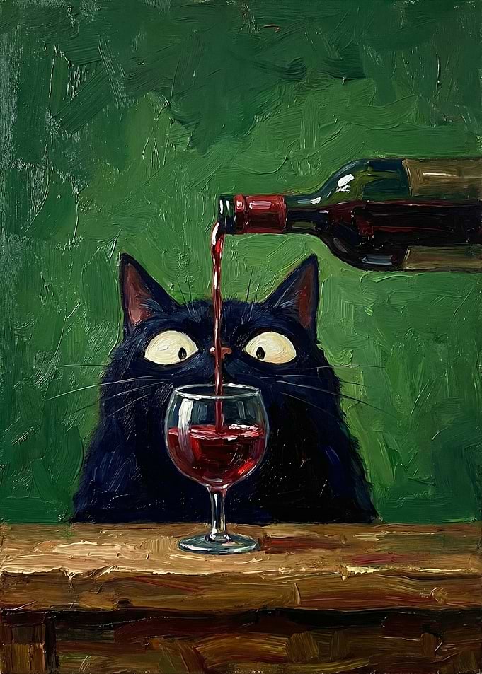 Black cat pouring wine
