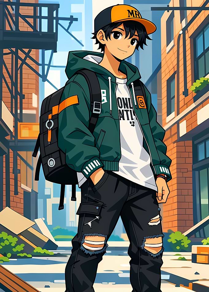 Anime boy with backpack in city