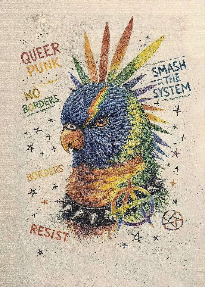 Punk Rainbow Lorikeet with Anarchy Symbols