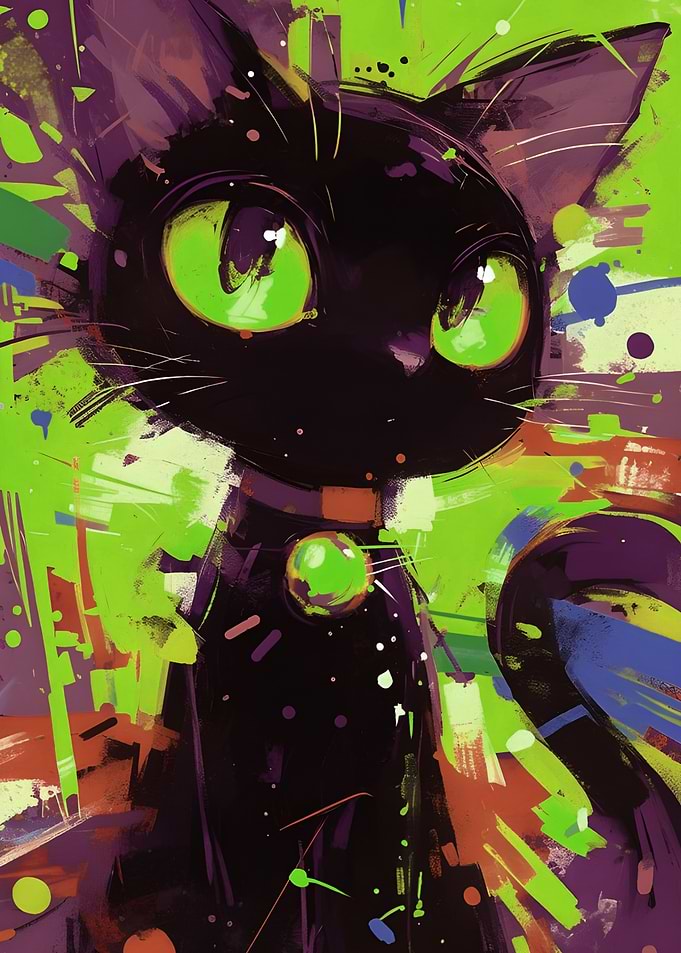 Abstract Black Cat with Green Eyes
