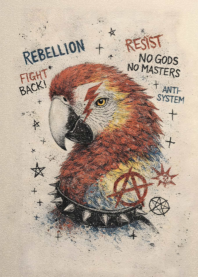 Rebellious Parrot with Anarchy Symbols