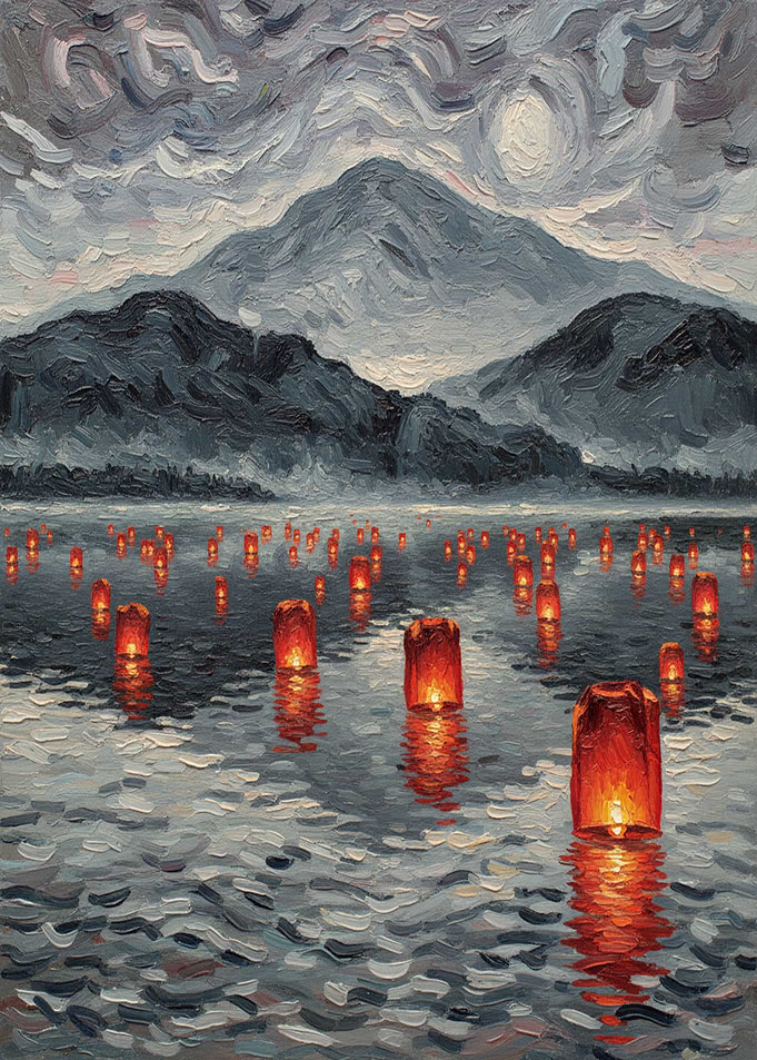 Lanterns on Water with Mountains