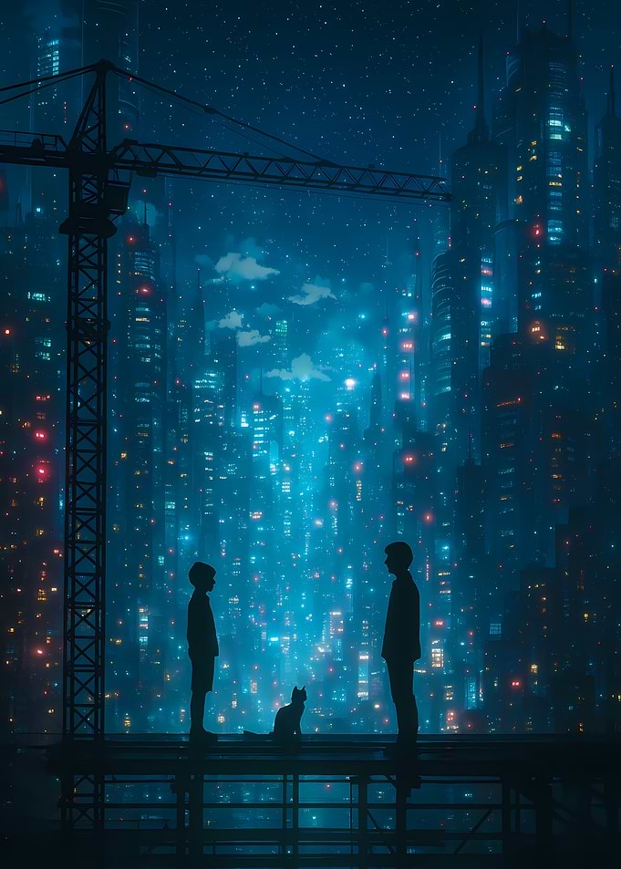 Futuristic Cityscape with Silhouettes