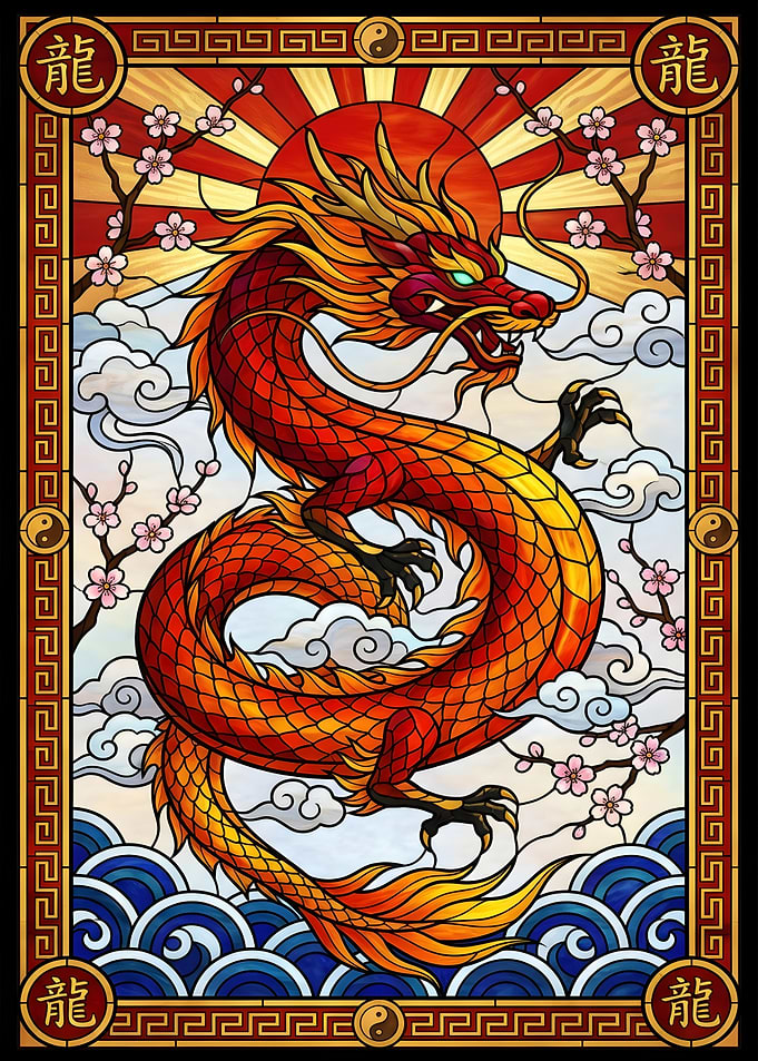 Stained Glass Dragon with Cherry Blossoms