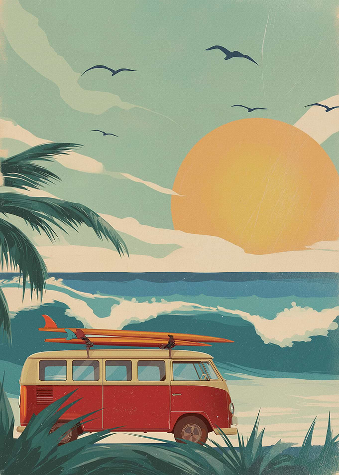 Retro Van with Surfboards at Sunset Beach
