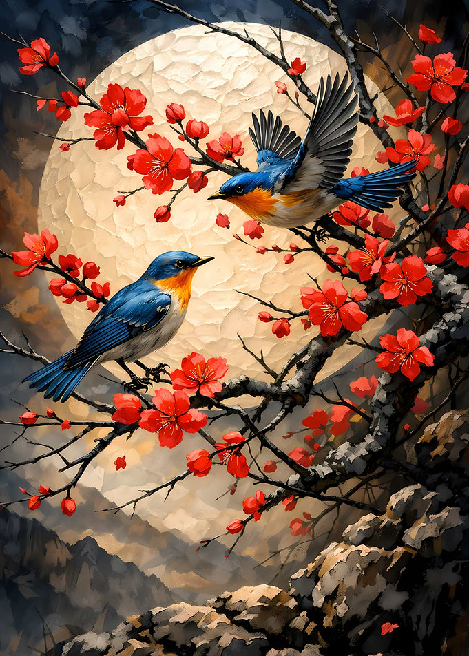 Birds and Cherry Blossoms Under the Moon