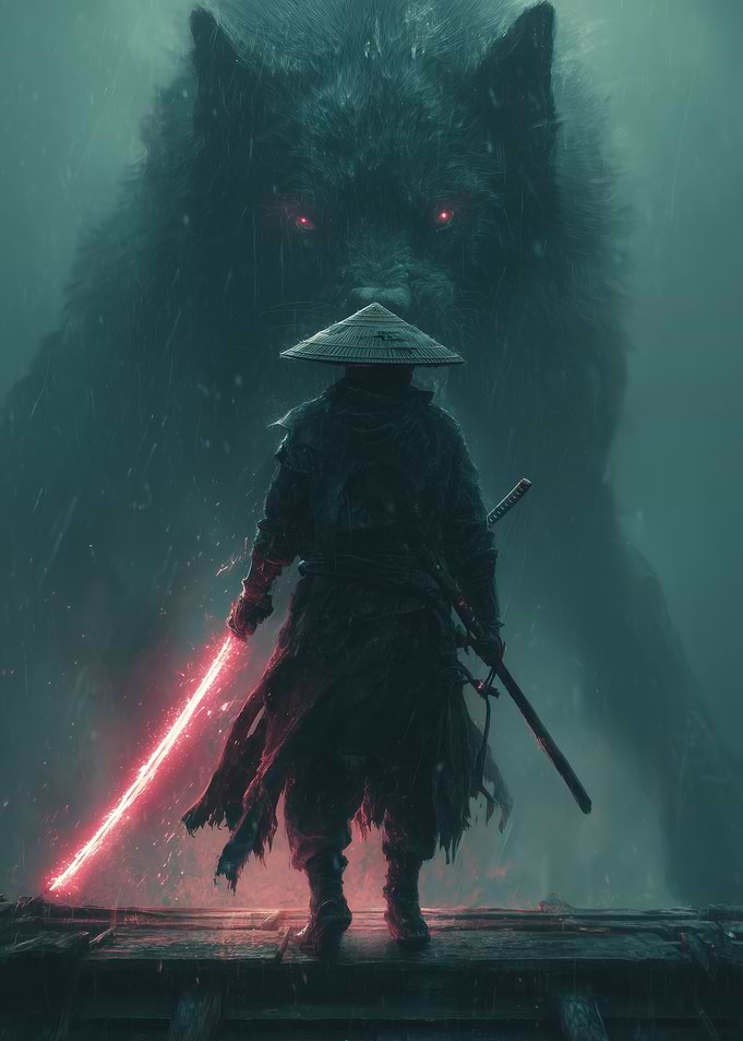 Samurai Warrior Facing Giant Wolf