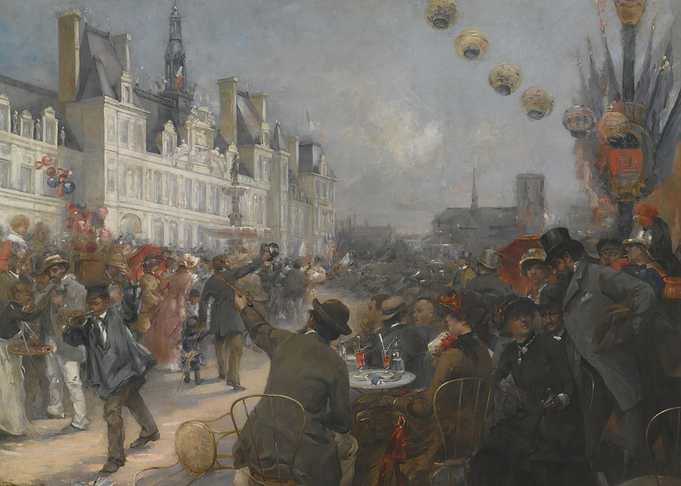 Parisian Street Scene with Hot Air Balloons
